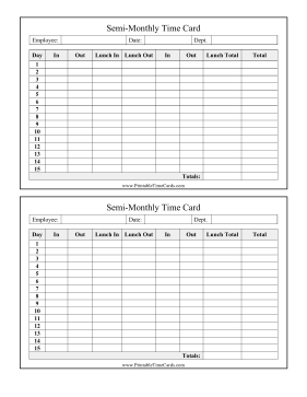 Semi-Monthly Time Card With Lunch