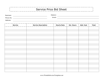 Service Price Bid Sheet Template