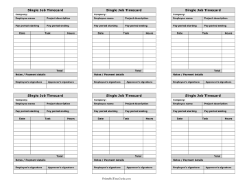 Single Job Timecard Mini Time Card