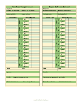 Tarjeta De Tiempo Semanal Verde Time Card