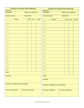 Tarjeta De Tiempo Semi-Mensual Time Card