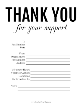 Thank You For Support fax cover sheet