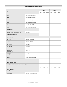 Printable Triple Yahtzee Scoresheet