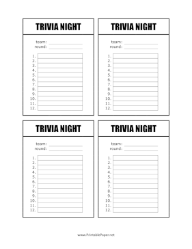 Printable Trivia Night Score Sheet