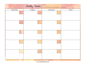 Watercolor Monthly Calendar Thurs-Sat