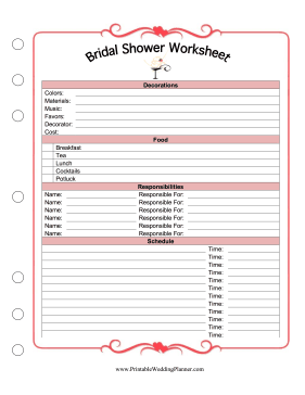 Bridal Shower Worksheet