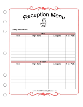 Wedding Planner Reception Menu