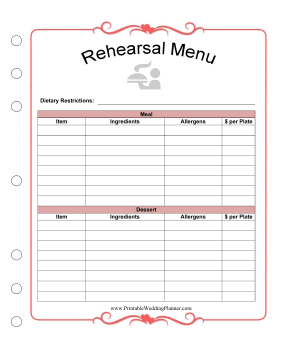 Wedding Planner Rehearsal Menu