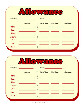 Weekly Allowance Time Card