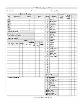 Weekly Bookkeeping Record