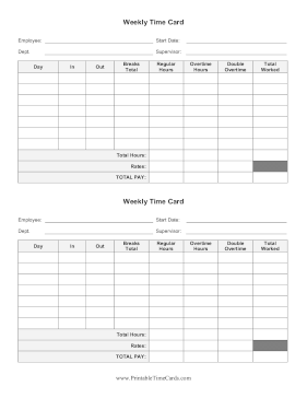 Weekly Time Card Double Overtime