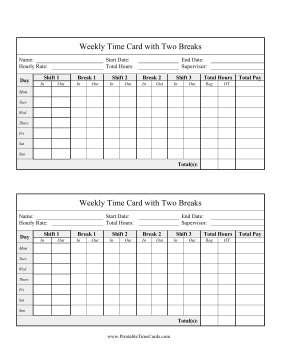 Weekly Time Card Two Breaks