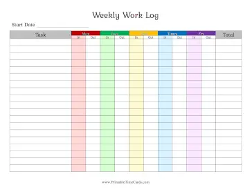 Weekly Work Log Color Time Card