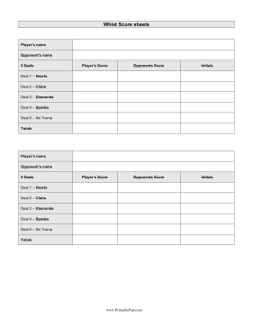 Printable Whist Scoresheet