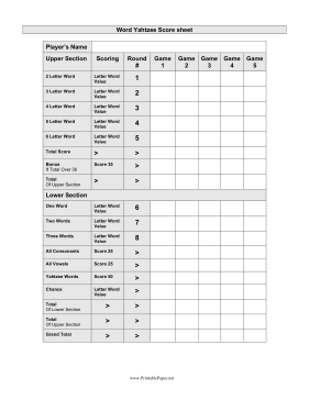 Printable Word Yahtzee Scoresheet