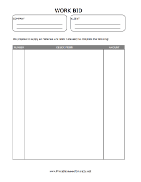 Work Bid Form Template