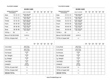 Printable Yahtzee Score Card