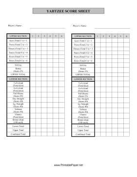 Printable Yahtzee Score Sheet