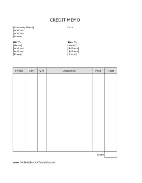 Credit Memo (Unlined) Template