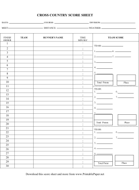 Printable Cross Country Score Sheet