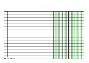 Printable Columnar Paper with four columns on A4-sized paper in landscape orientation