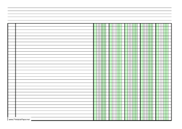 Printable Columnar Paper with five columns on A4-sized paper in landscape orientation