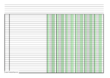 Printable Columnar Paper with six columns on A4-sized paper in landscape orientation