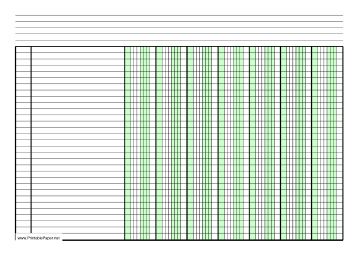 Printable Columnar Paper with seven columns on A4-sized paper in landscape orientation