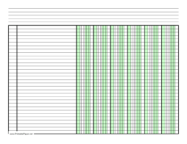 Printable Columnar Paper with six columns on letter-sized paper in landscape orientation