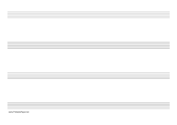 Printable Music Paper with four staves on A4-sized paper in landscape orientation