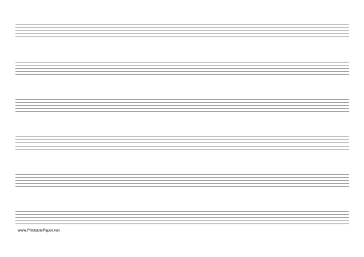 Printable Music Paper with six staves on A4-sized paper in landscape orientation