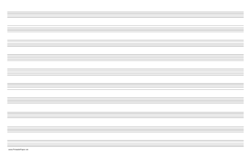 Printable Music Paper with ten staves on ledger-sized paper in landscape orientation