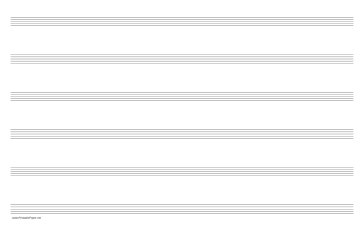 Printable Music Paper with six staves on ledger-sized paper in landscape orientation