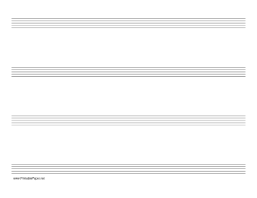 Printable Music Paper with four staves on letter-sized paper in landscape orientation