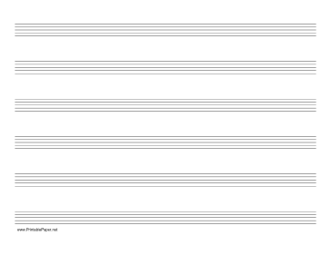 Printable Music Paper with six staves on letter-sized paper in landscape orientation