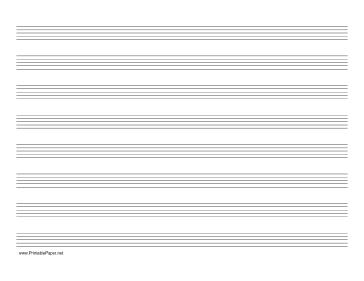 Printable Music Paper with eight staves on letter-sized paper in landscape orientation