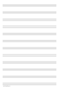 Printable Music Paper with twelve staves on ledger-sized paper in portrait orientation