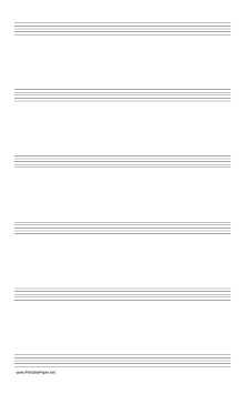 Printable Music Paper with six staves on legal-sized paper in portrait orientation