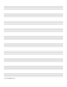 Printable Music Paper with ten staves on letter-sized paper in portrait orientation