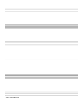 Printable Music Paper with six staves on letter-sized paper in portrait orientation