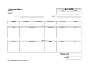 Parts & Labor Invoice (Unlined) Template