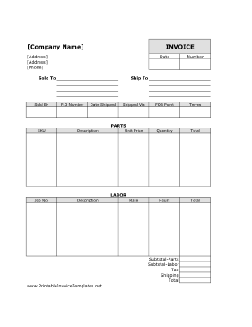 Parts & Labor Invoice (Unlined) Template