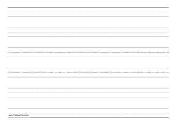 Printable Penmanship Paper with six lines per page on A4-sized paper in landscape orientation