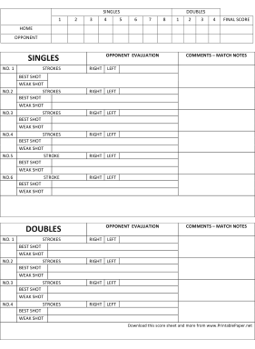 Printable Tennis Score Sheet