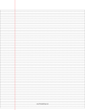 Printable Lined Paper — wide ruled with dashed center guide line — black lines