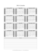 Printable 2024 Calendar One Page Vertical Grid Descending Shaded Weekends Notes