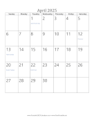 Printable April 2025 Calendar (vertical)