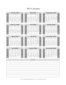 Printable 2025 Calendar One Page Vertical Grid Descending Shaded Weekends Notes