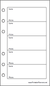 Pocket Organizer Phone List (1-column) - Right