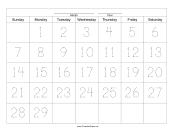 Printable Handwriting Calendar - 29 Day - Monday